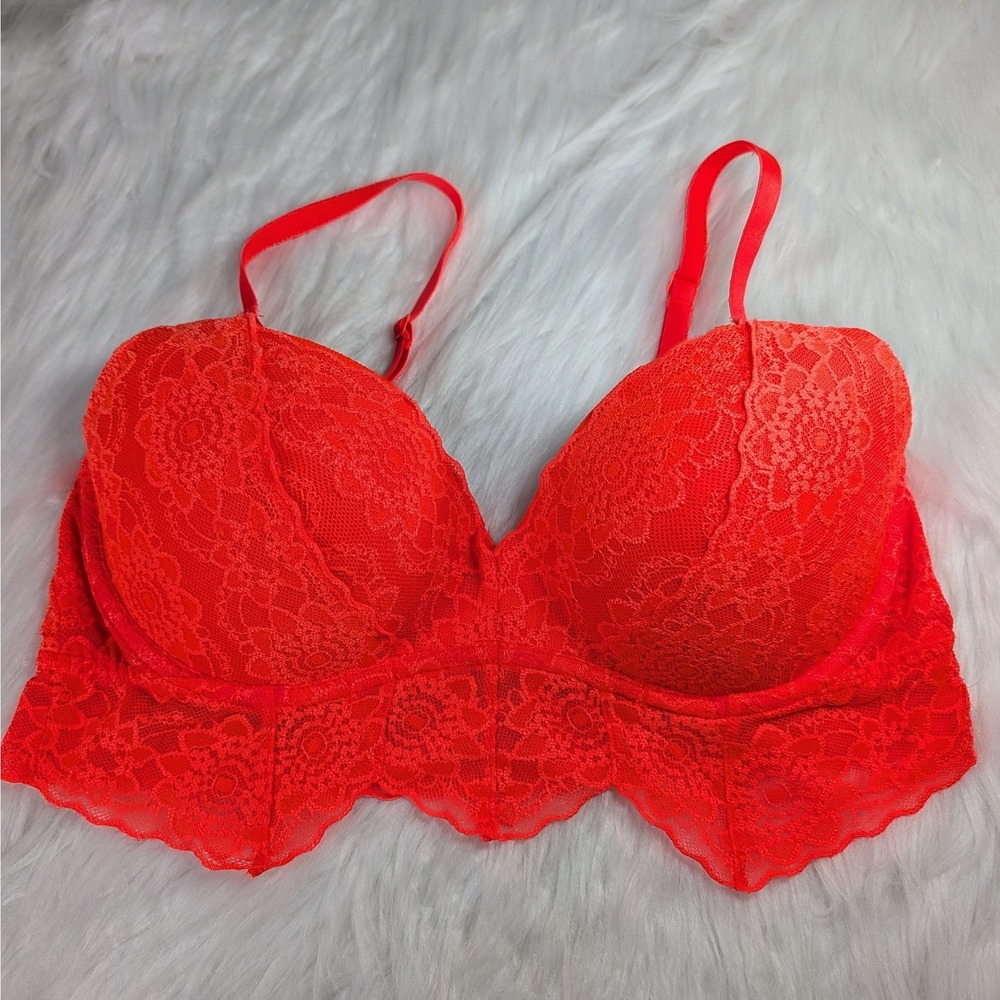 PINK Victoria's Secret Bralette Women L Neon Coral Lace Longline Padded Floral